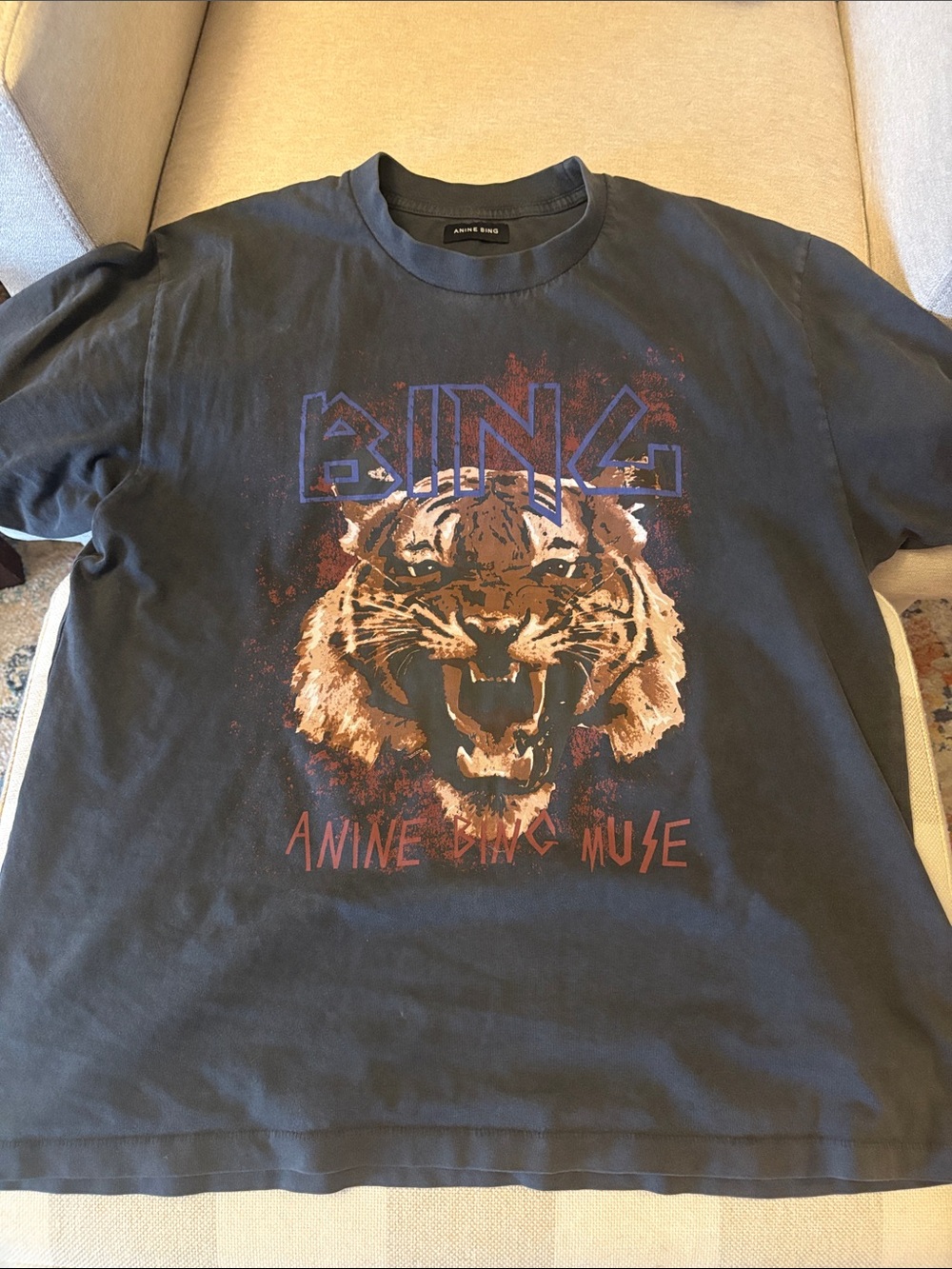 Anine Bing Black Short-Sleeve Tiger Graphic Tee with Blue and Brown Accents
